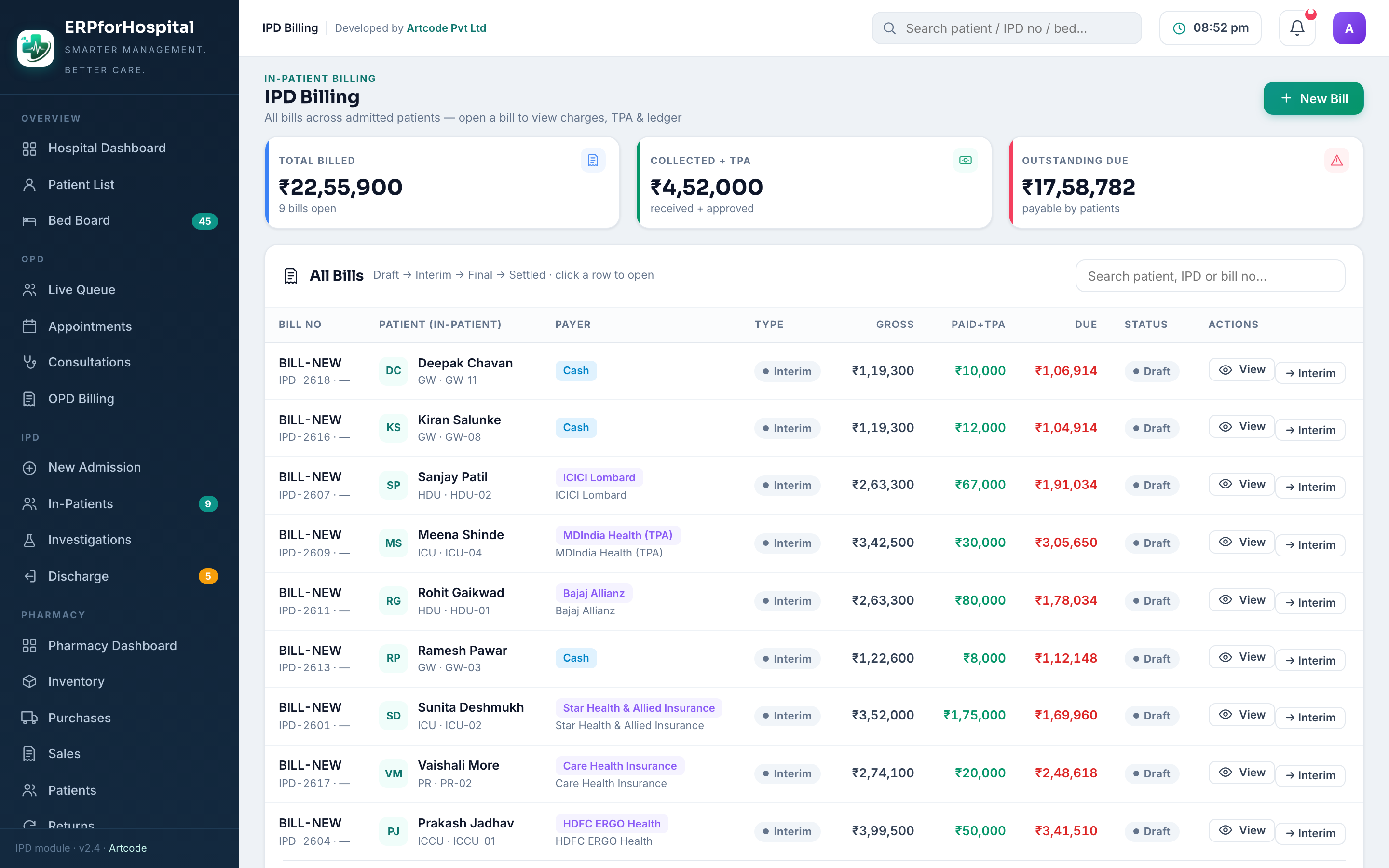 IPD Billing screen in erpforHospital — Itemised bills, ledger and TPA
