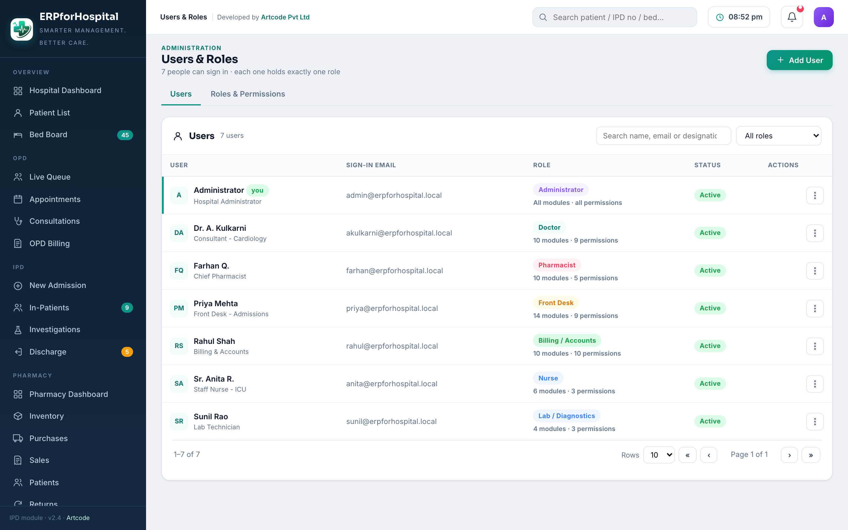 Users & Roles screen in erpforHospital — The 23-permission RBAC matrix